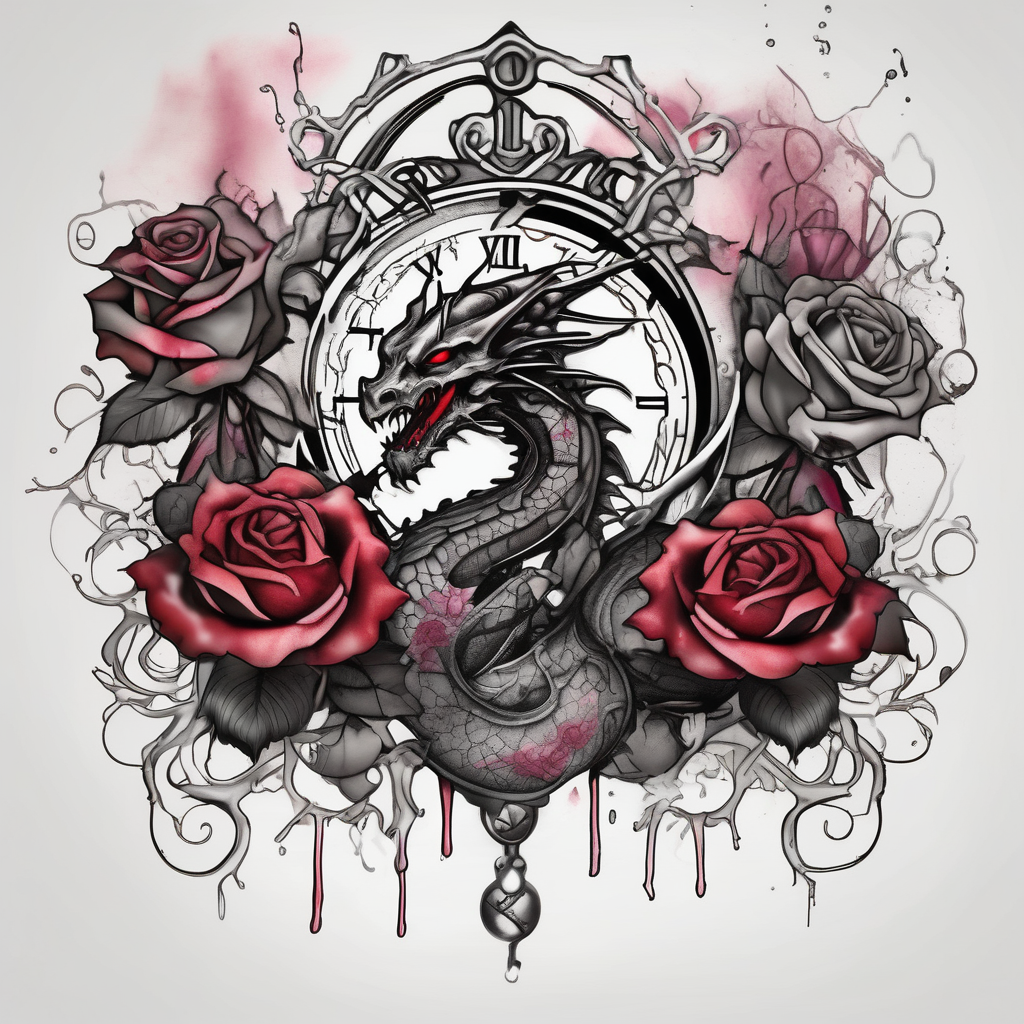 Dark cancer zodiac sign tattoo with dragon, clock and roses on background floral sleeve tattoo, design de tatouage Aquarelle généré par IA